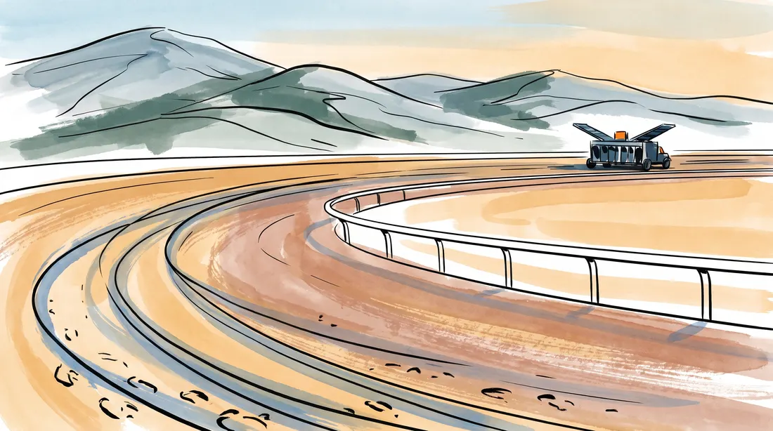 Dirt racing oval under desert hills at golden hour