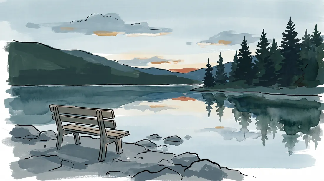 Empty bench by a mountain lake at dusk