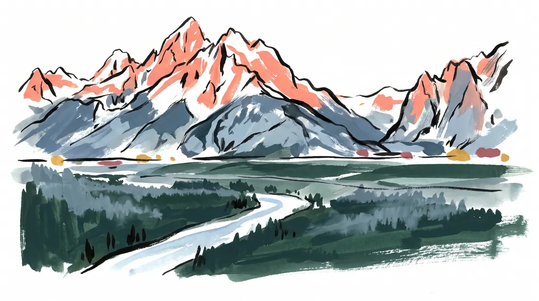 Mountain peaks in alpenglow above a forested valley