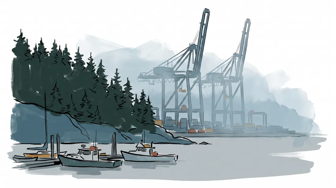 Misty northern harbour with small boats and cranes